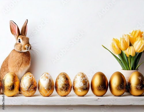 Easter background with bunny, golden Easter eggs and flowers photo