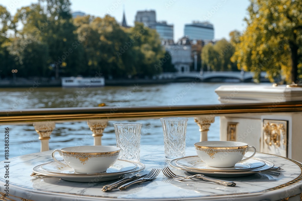 Fototapeta premium Elegant tea setting on a balcony overlooking a river and cityscape.