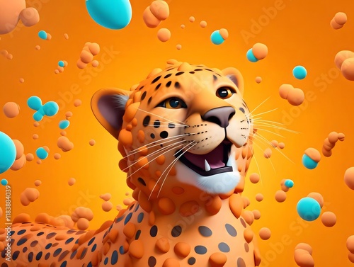 Cheerful cheetah, orange backdrop, 3D bubbles, playful animation, ad. photo