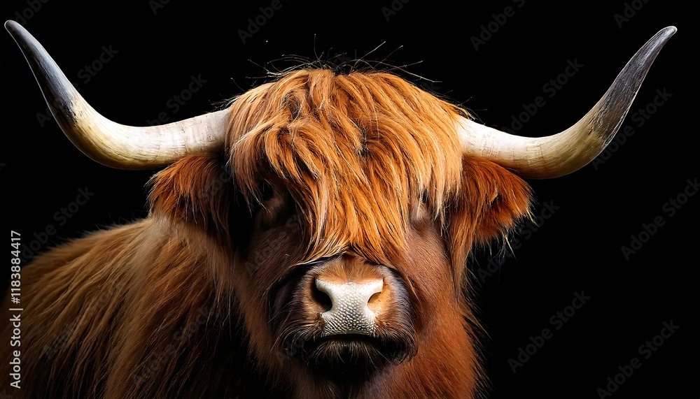 Stunning close-up portrait of a Highland cow against a black background. Stunning close-up portrait of a Highland cow against a black background.
