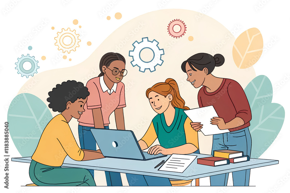Diverse Women Collaborating on Project with Laptop and Papers Diverse Women Collaborating on Project with Laptop and Papers