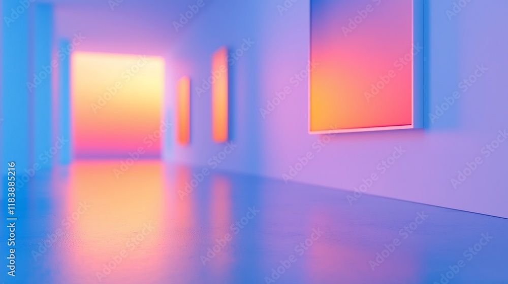 Abstract gallery hallway with vibrant sunset artwork. Abstract gallery hallway with vibrant sunset artwork.