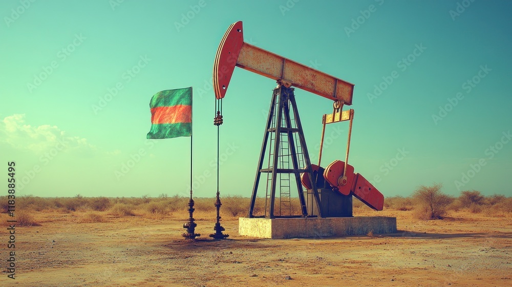 Fototapeta premium Oil pump jack in desert with flag.