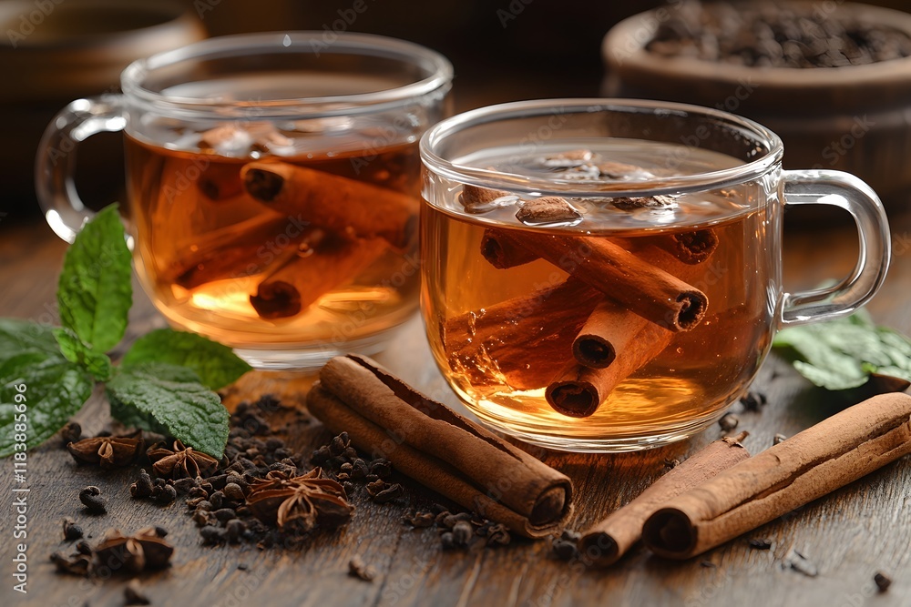 Warm Cinnamon Herbal Tea with Spices and Fresh Mint Leaves for Comfort and Relaxation Warm Cinnamon Herbal Tea with Spices and Fresh Mint Leaves for Comfort and Relaxation