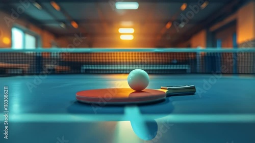 close up of table tennis racket and ball on the blue table background