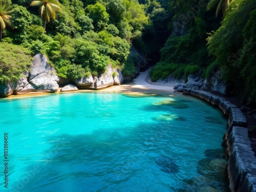The secluded cove features crystal-clear waters and lush greenery, with a narrow, winding path that leads to the shore and disappears into the jungle, offering a serene and natural Coastal walkway
