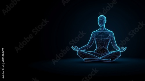 Futuristic Wireframe Human Model Meditating in Lotus Pose Representing Technology and Balance