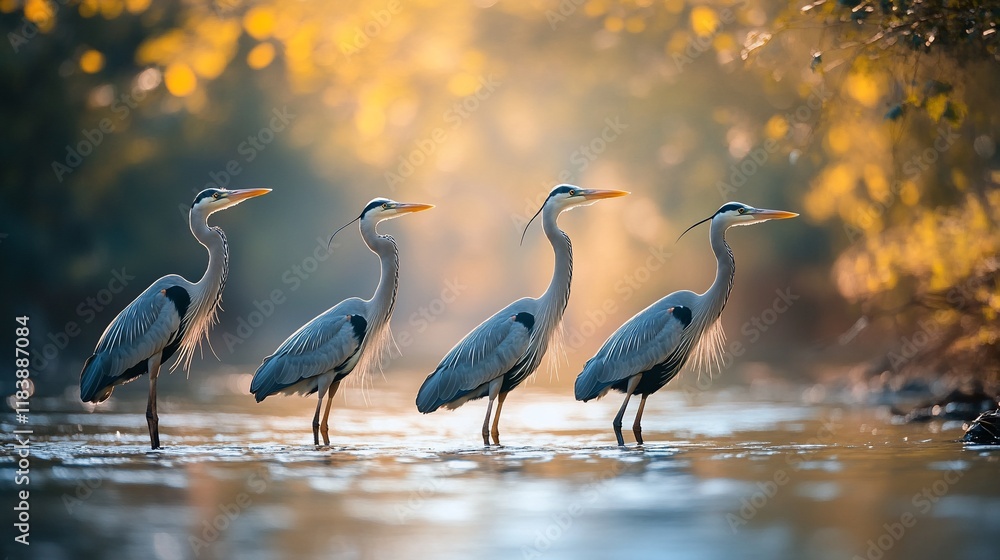 Naklejka premium Four herons standing in shallow water at sunrise.
