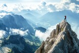 Determined individual conquers mountain peak under dramatic sunset in breathtaking landscape