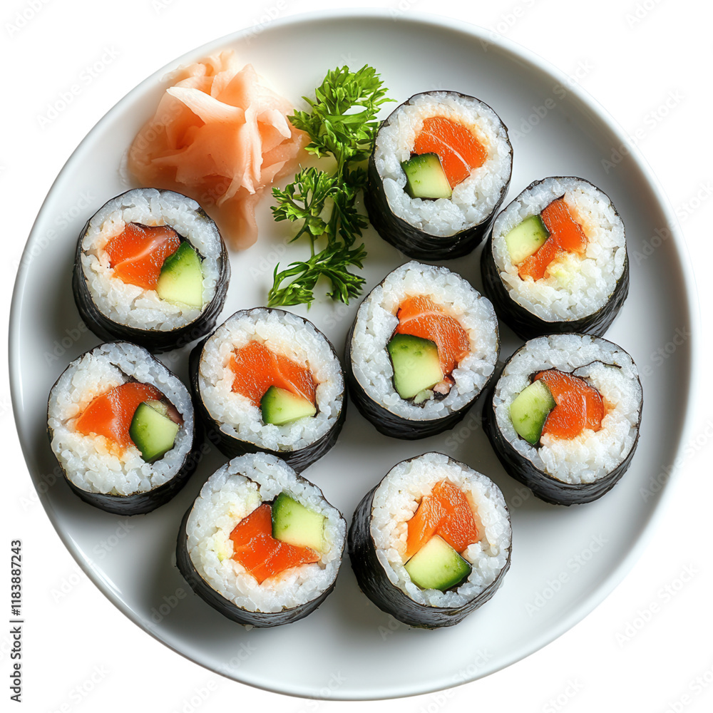 Sushi Rolls with Soy Sauce on White Surface, vibrant presentation of assorted sushi elegantly arranged, minimalistic white backdrop enhancing colors Sushi Rolls with Soy Sauce on White Surface, vibrant presentation of assorted sushi elegantly arranged, minimalistic white backdrop enhancing colors