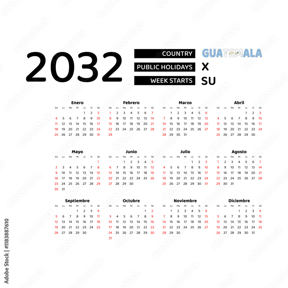 Calendar 2032 Spanish language with Guatemala public holidays. Week starts from Sunday. Graphic design vector illustration. Calendar 2032 Spanish language with Guatemala public holidays. Week starts from Sunday. Graphic design vector illustration.