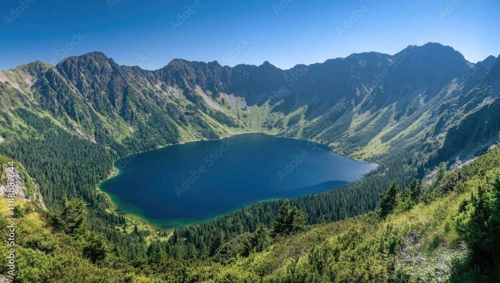 Fototapeta premium A serene lake reflects the bright blue sky, embraced by rolling green hills and majestic mountains. The peaceful atmosphere invites exploration and appreciation of nature's beauty