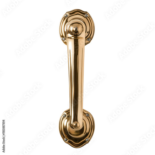 Polished brass door handle with visible screws on a clean white surface for digital use