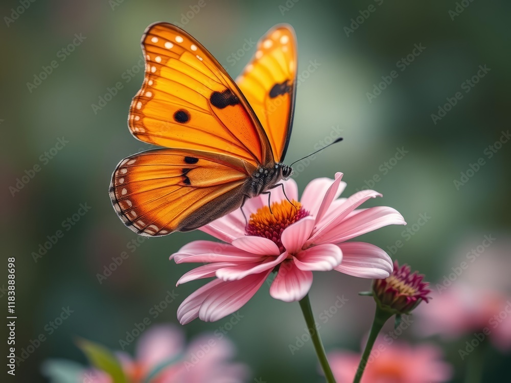 Obraz premium In the vibrant realm of Fauvism, a majestic, orange butterfly spreads its wings on a dainty, pink flower, as natures palette unfolds in bold, imaginative hues