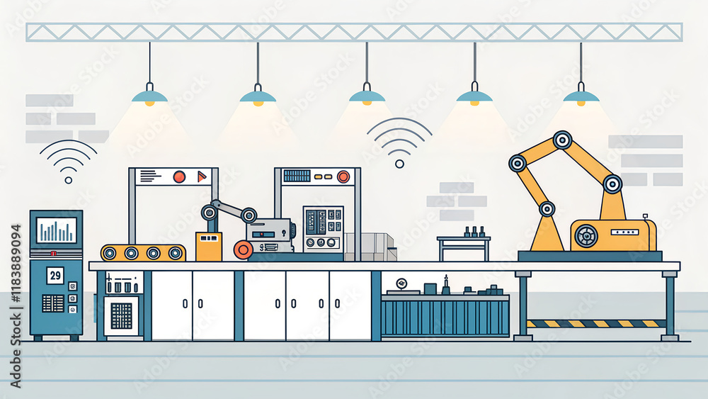Fototapeta premium Industrial Automation Workspace with Robots and Machinery Setup