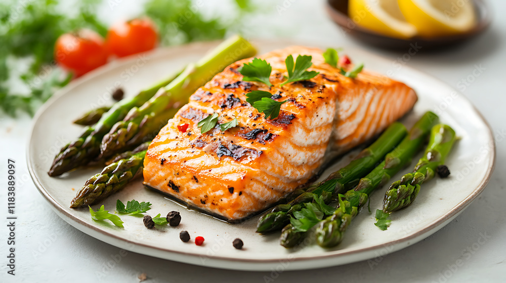 Grilled salmon on a plate with asparagus garnished with parsley on a light background, healthy food and nutrition Grilled salmon on a plate with asparagus garnished with parsley on a light background, healthy food and nutrition