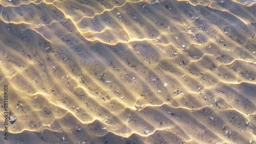 Clear river water with small waves, through which you can see sandy bottom with shells.