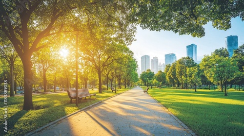 Urban Oasis: A Serene City Park at Sunrise