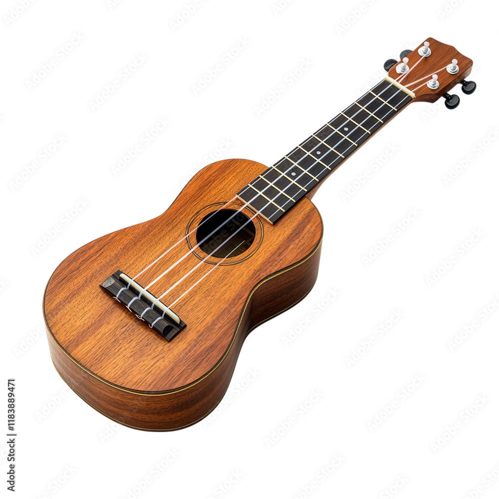 Obraz premium Polished ukulele with vibrant strings on a clean white surface, ideal for showcasing musical elegance and charm in digital formats