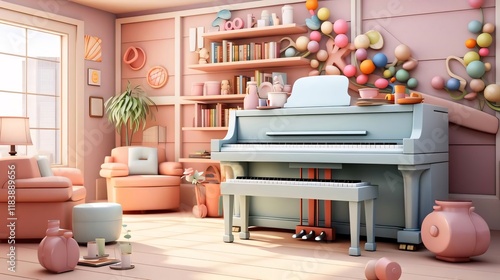 Pastel Room Piano Interior Design Render. photo