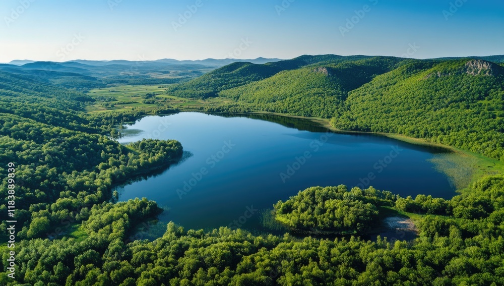 A serene lake reflects the bright blue sky, embraced by rolling green hills and majestic mountains. The peaceful atmosphere invites exploration and appreciation of nature's beauty A serene lake reflects the bright blue sky, embraced by rolling green hills and majestic mountains. The peaceful atmosphere invites exploration and appreciation of nature's beauty