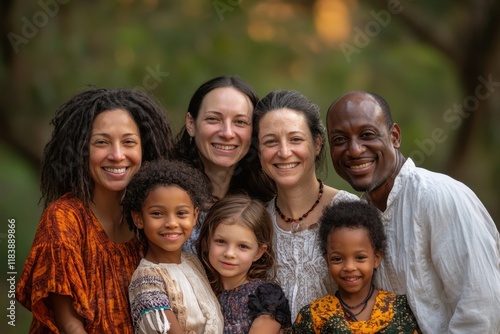 Multicultural family portrait showcasing joyous connections and shared love among diverse backgrounds in a serene outdoor setting