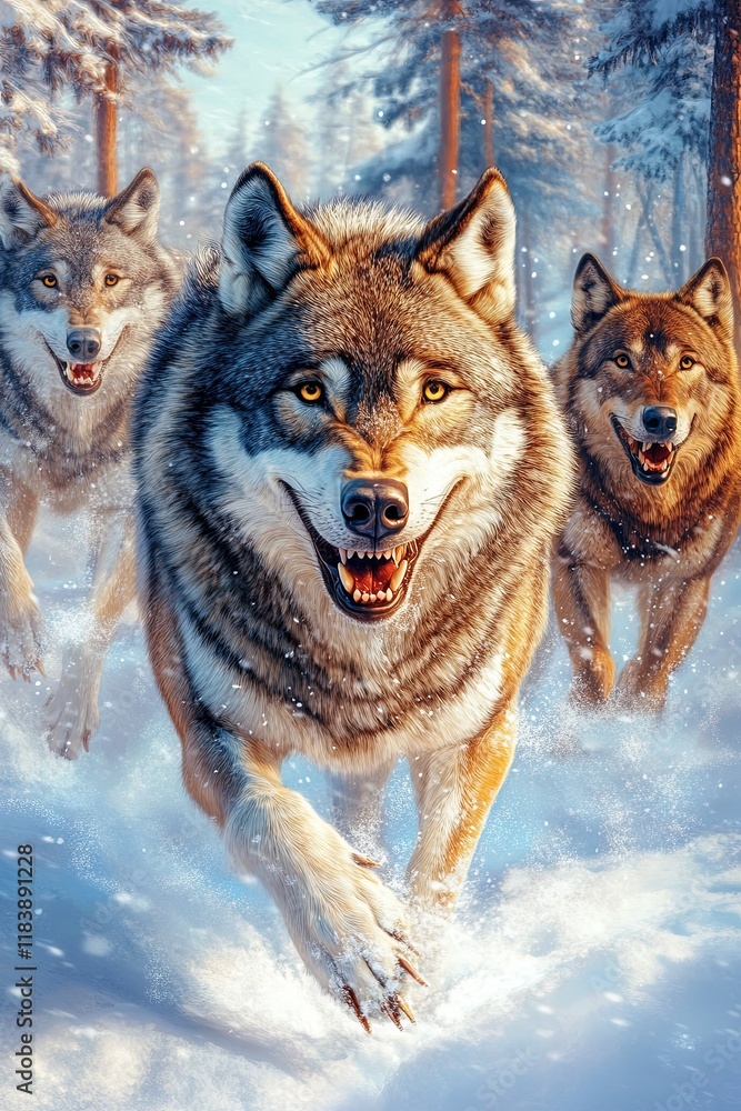 Wild Wolves Pack Attacking Elk in Snowy Landscape