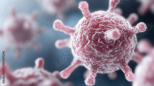 Close up view of pink viruses highlighted against a blue background with additional pink viruses surrounding them