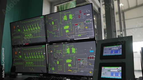 Industry 4.0 Modern Factory. Multiple monitors with control panel of a modern enterprise, fully electronic and digital control of technological processes in a plant or factory.