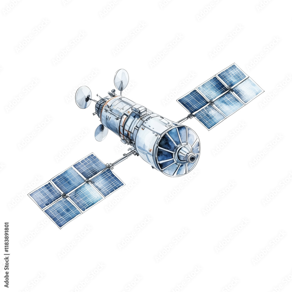 watercolor illustration of satellite with solar panels and antennas orbiting in space, showcasing intricate details and futuristic design watercolor illustration of satellite with solar panels and antennas orbiting in space, showcasing intricate details and futuristic design