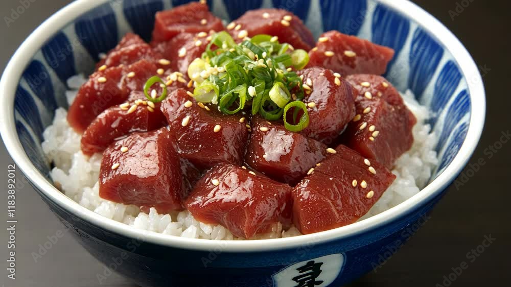 Fresh tuna sashimi served over rice with green onions and sesame seeds in a decorative bowl Fresh tuna sashimi served over rice with green onions and sesame seeds in a decorative bowl