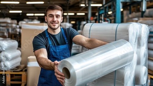 Factory worker manages large roll of stretch film on packaging line during a busy workday photo