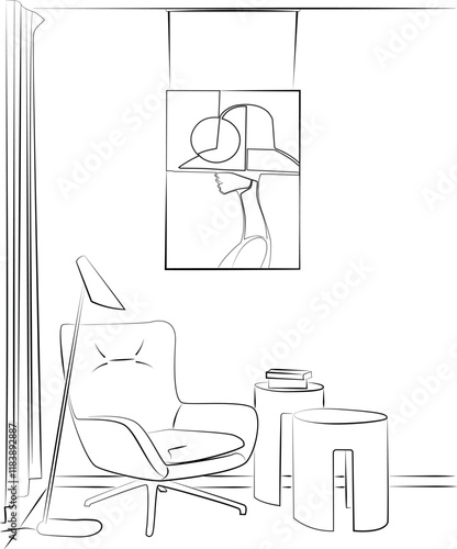Interior design with modern living room in black sketch line on white background, vector, illustration