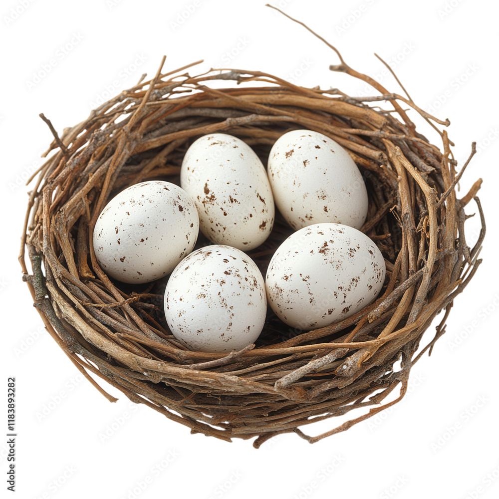 Rustic wooden bird's nest with delicate white eggs, serene white backdrop, perfect for nature-themed designs and illustrations Rustic wooden bird's nest with delicate white eggs, serene white backdrop, perfect for nature-themed designs and illustrations