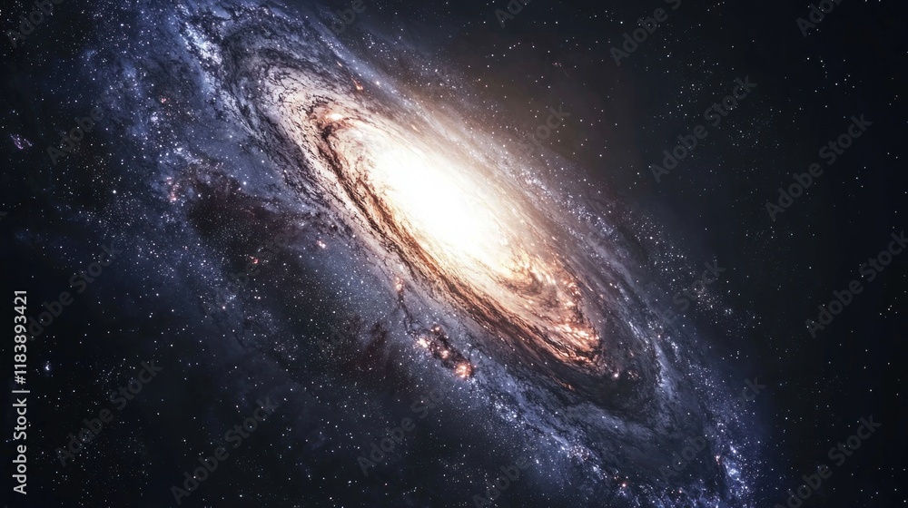 Fototapeta premium A distant view of a spiral galaxy with a black hole at its center, creating gravitational distortions