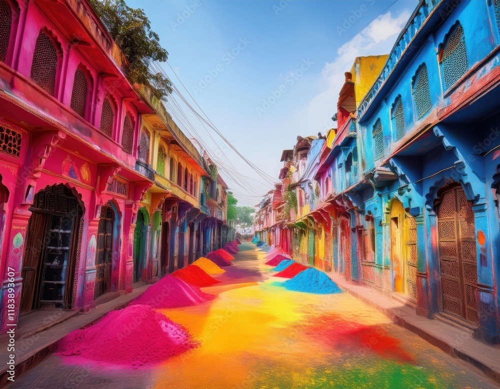 Fototapeta premium A lively street adorned with vibrant colors representing the joyous spirit of Holi celebrations.