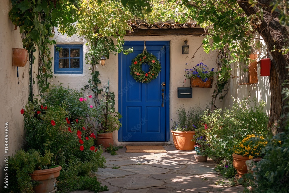 Fototapeta premium Sunlit courtyard with blue door, stone path, potted plants, and wreath.