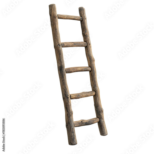 Rustic wooden ladder against a clean white wall, minimalistic design, perfect for backgrounds or graphic elements.