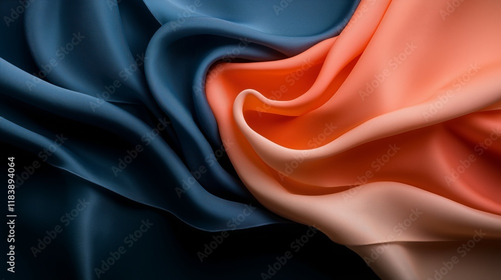 Flowing Blue and Orange Satin Fabric with Soft Gradient Folds