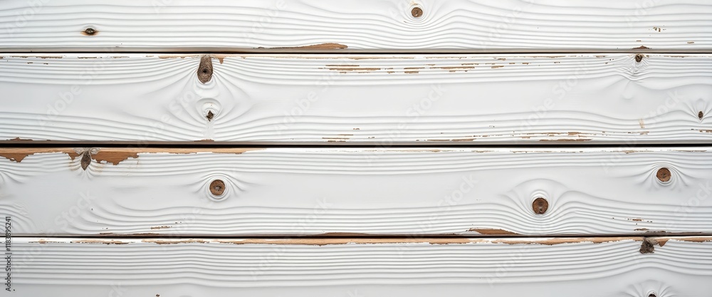 Naklejka premium Whitewashed wooden planks with distressed paint, showing natural wood grain and texture. Ideal for backgrounds or rustic designs.