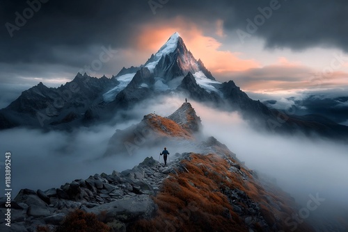 Lone hiker navigating a treacherous rocky trail his determined expression reflected in the crisp clear mountain air as he pushes onward towards the distant flag crested summit photo