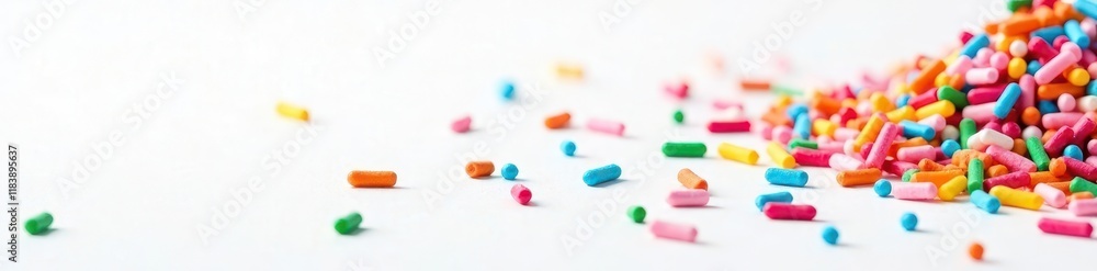 Rainbow sprinkles scattered on white background, festive, candy Rainbow sprinkles scattered on white background, festive, candy