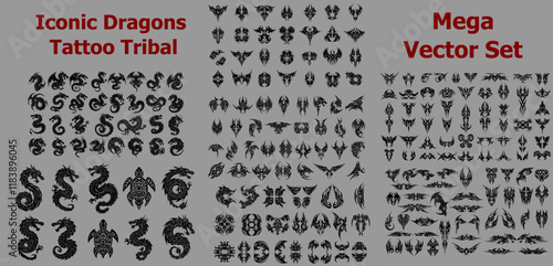 MEGA Set of iconic tribal dragon tattoo vector designs featuring intricate curves and sharp edges, perfect for use in tattoos, decals, or graphic design projects, showcasing bold and fierce artistry