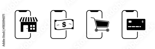 Phone shopping icons. Silhouette and linear style. Vector icons.
