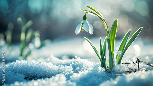 Snowdrops emerging from snow, signaling spring's arrival, against a backdrop of soft blue light, imbolc theme