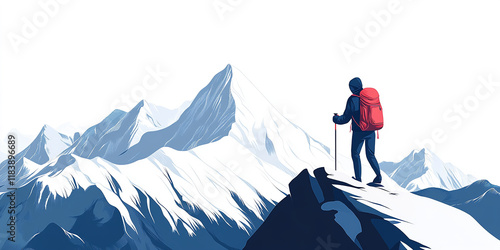 The image depicts a hiker standing at the summit of a snow-covered mountain, holding a trekking pole and wearing a red backpack photo