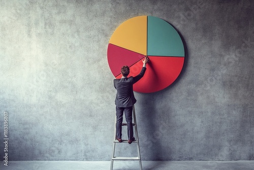 Male investor or financial planner standing on ladder to arrange pie chart as rebalancing investment portfolio. Concept of investment asset allocation and rebalance. Flat cartoon vector illustration