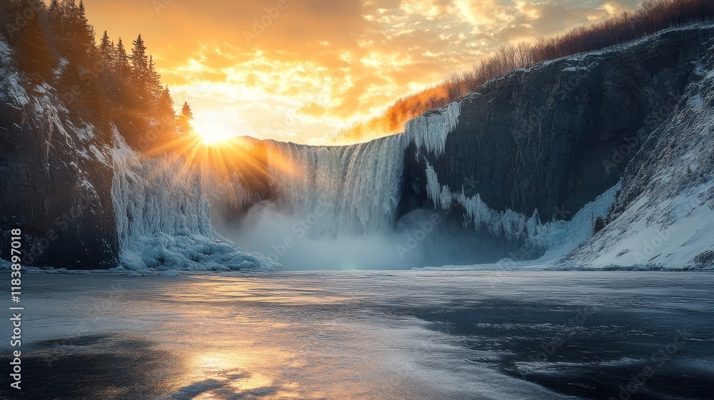 Naklejka premium The big and beautiful Montmorency falls near Quebec City at sunset on a cold winter day with light rays in the mist.