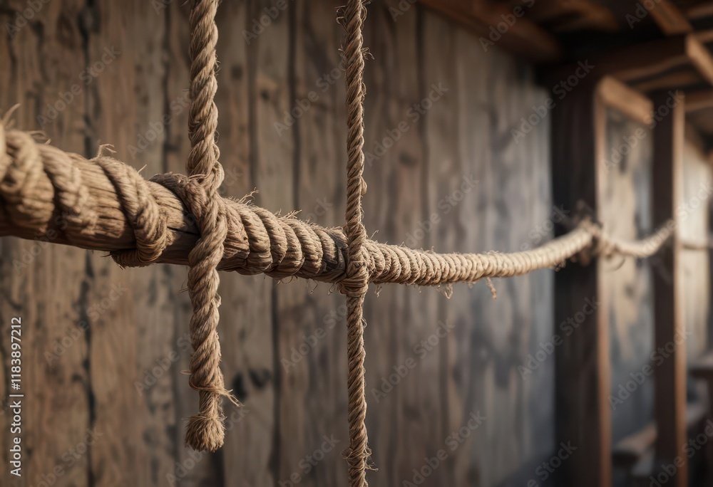 Rope hangs loosely from wooden beam, threads fraying out evenly , wear, rope Rope hangs loosely from wooden beam, threads fraying out evenly , wear, rope