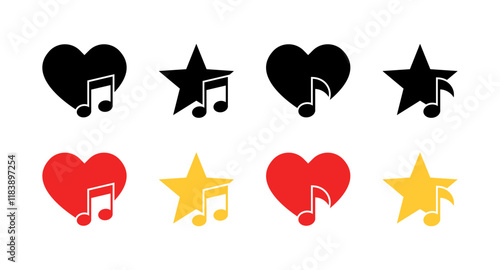 Favorite music set icons. Heart icons. Flat and silhouette style. Vector icons.